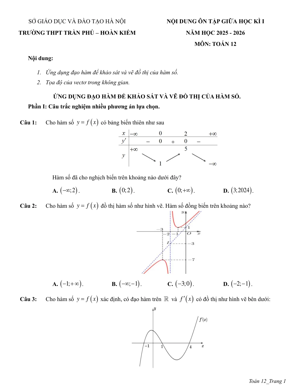 Xem trước trang 1 của "Đề Cương Ôn Tập Giữa Học Kỳ 1 Toán 12 - Trường THPT Trần Phú - Hà Nội (Năm học 2025-2026)"