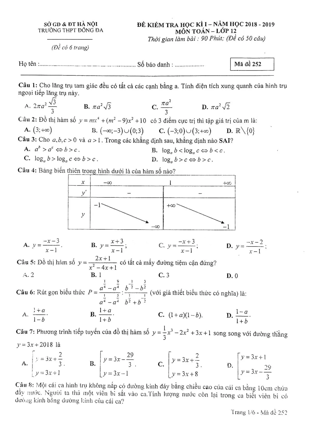 Xem trước trang 1 của "Đề Kiểm Tra Học Kỳ I Toán 12 - Năm học 2018-2019 - Trường THPT Đông Đà - Hà Nội"