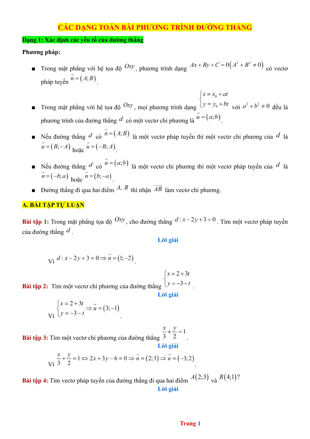 Xem trước trang 1 của "Các dạng bài tập: Phương trình đường thẳng - Lớp 10 (Giải chi tiết)"