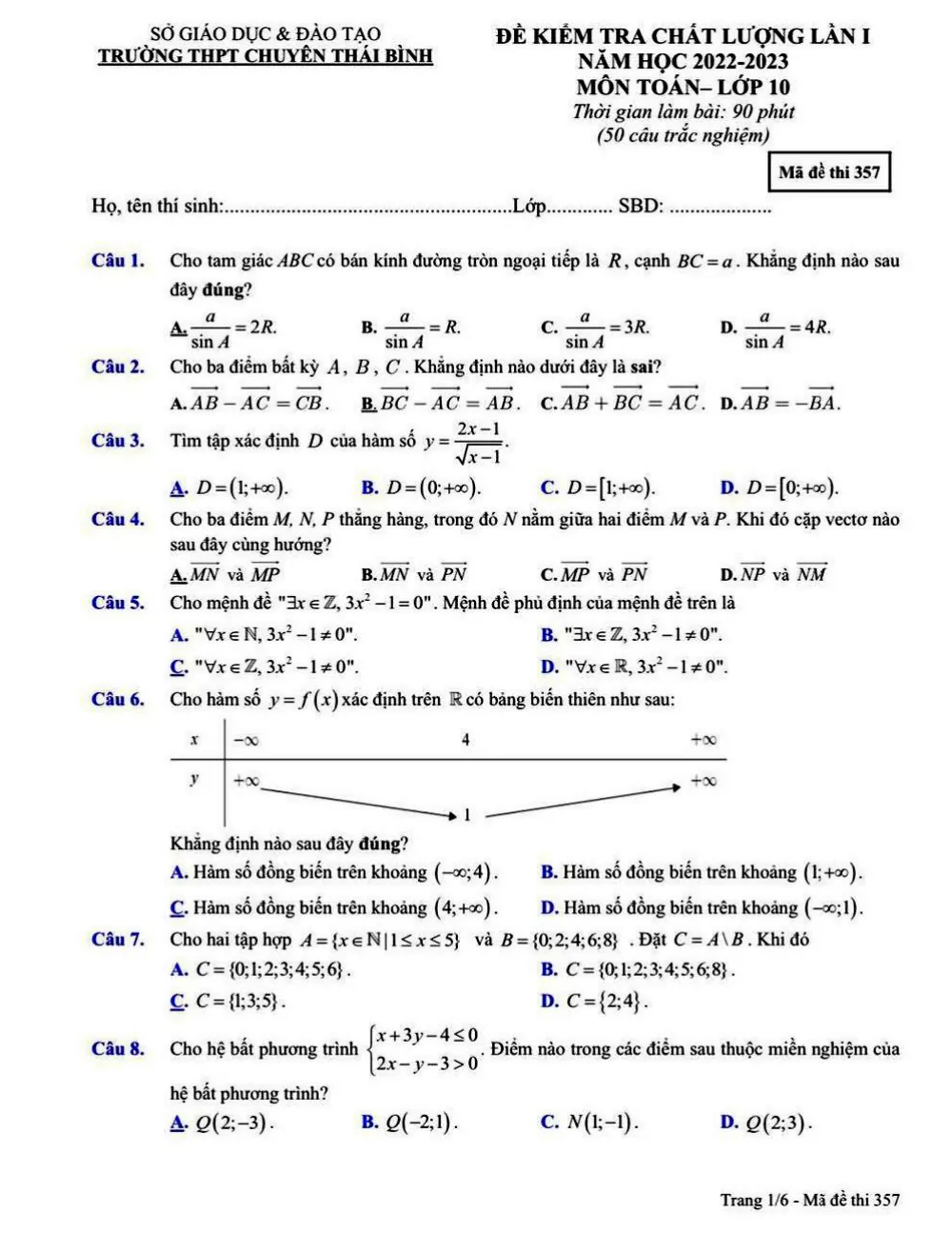 Xem trước trang 1 của "Đề Kiểm Tra Chất Lượng Lần 1 - Toán 10 - Năm 2022-2023 - Trường THPT Chuyên Thái Bình"