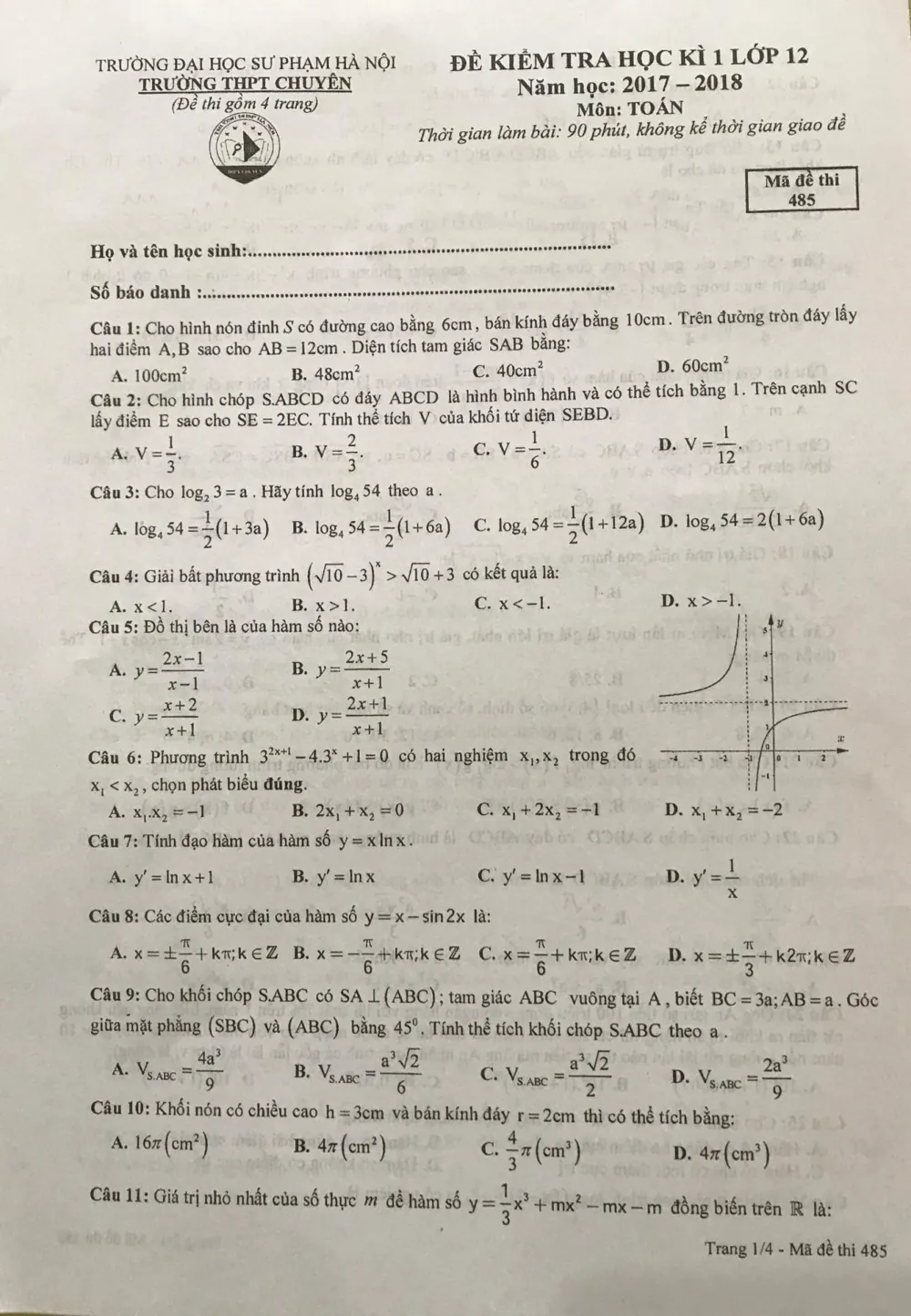 Xem trước trang 1 của "Đề Kiểm Tra Học Kỳ 1 Toán 12 - Năm học 2017-2018 - Trường THPT Chuyên Đại học Sư Phạm Hà Nội"