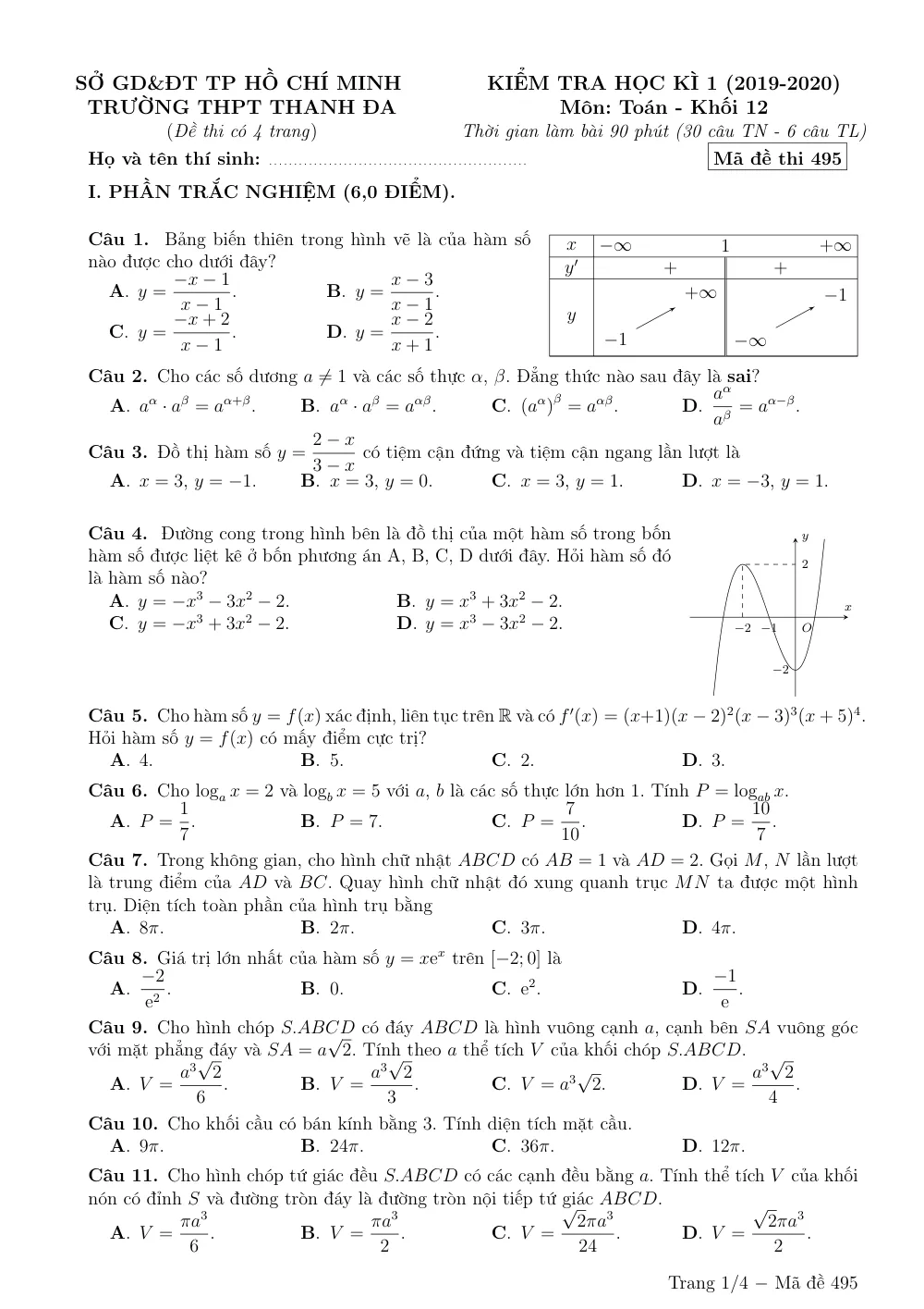 Xem trước trang 1 của "Đề thi học kỳ 1 Toán 12 - Trường THPT Thanh Đa - TP. Hồ Chí Minh (2019-2020)"