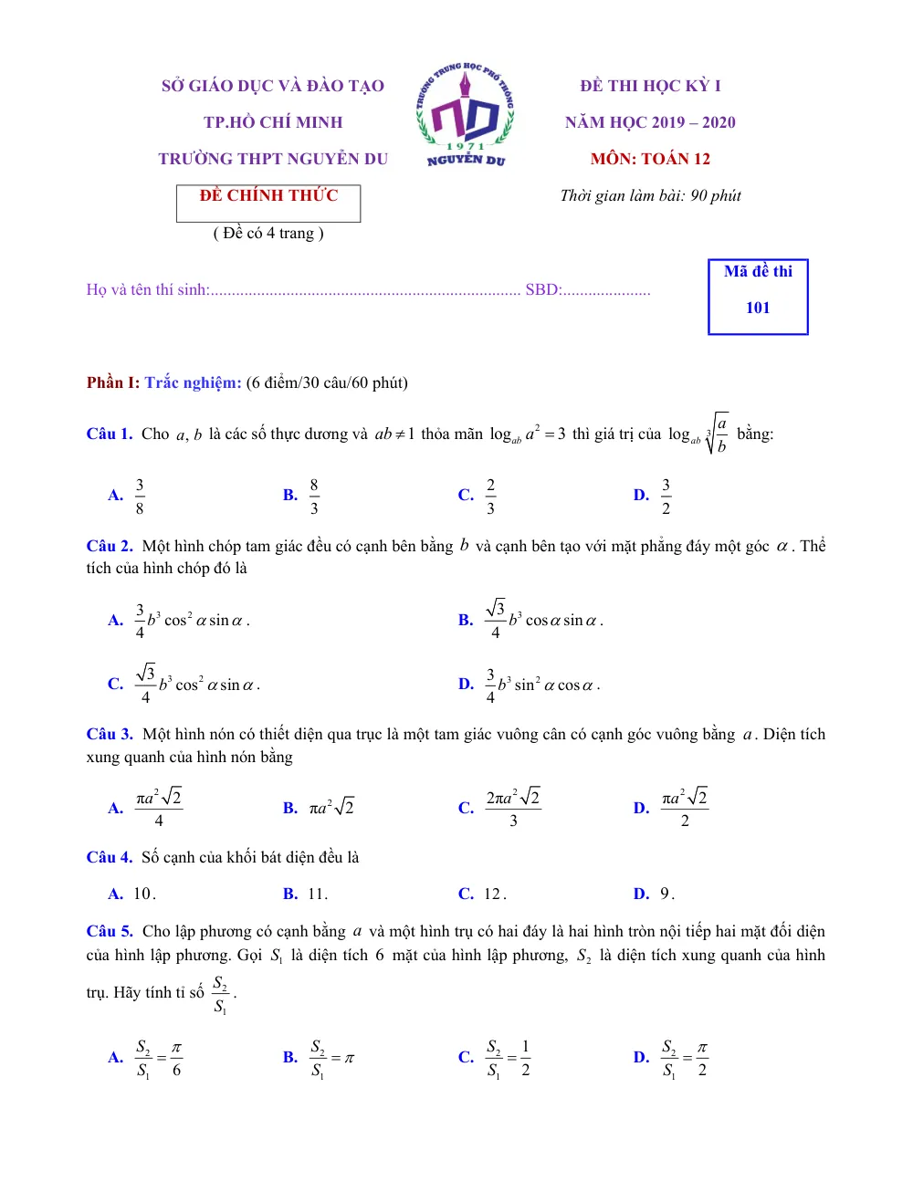 Xem trước trang 1 của "Đề Thi Học Kỳ 1 Toán 12 - Trường THPT Nguyễn Du - TP. Hồ Chí Minh (2019-2020)"