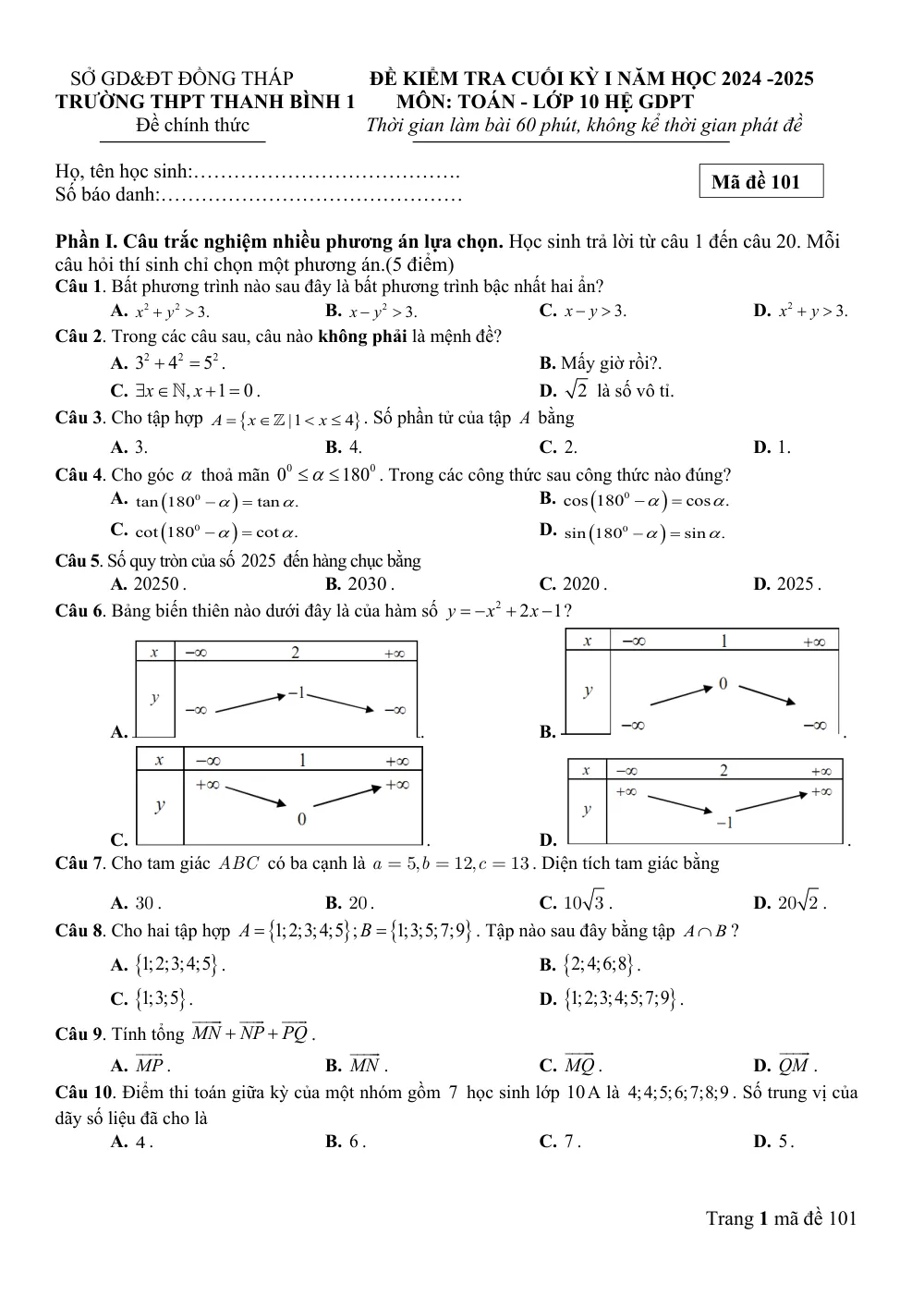 Xem trước trang 1 của "Đề Kiểm Tra Cuối Kỳ I - Toán 10 - Năm học 2024-2025 - Trường THPT Thanh Bình 1 - Đồng Tháp"