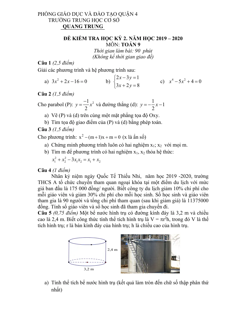 Xem trước trang 1 của "Đề Kiểm Tra Học Kỳ 2 Toán 9 - Năm học 2019-2020 - Trường THCS Quang Trung - Quận 4, TP. Hồ Chí Minh"