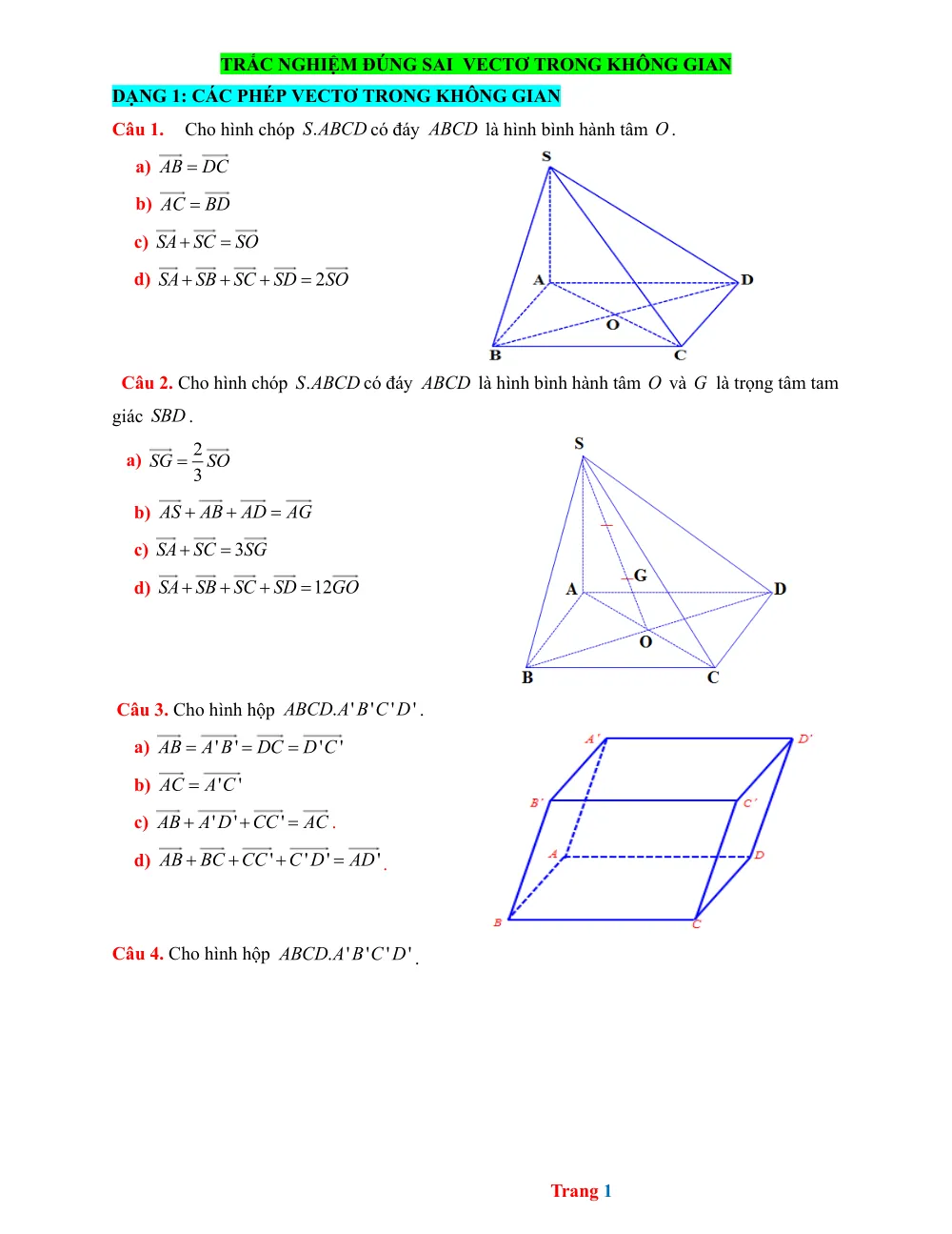 Xem trước trang 1 của "Trắc nghiệm Đúng sai Vecto trong không gian - Lớp 12"