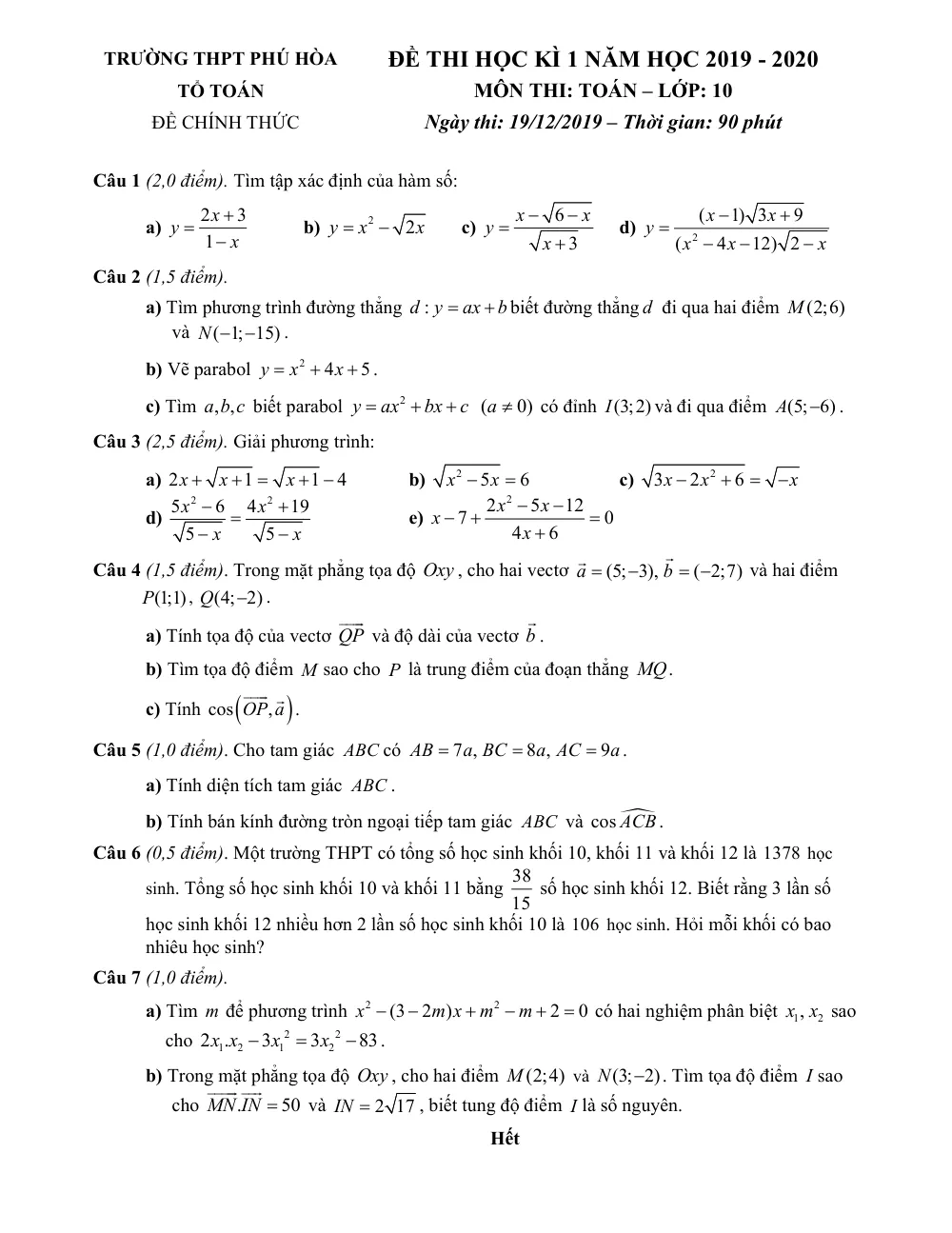 Xem trước trang 1 của "Đề Thi Học Kỳ 1 Toán 10 - Năm học 2019-2020 - Trường THPT Phú Hòa - TP. Hồ Chí Minh"