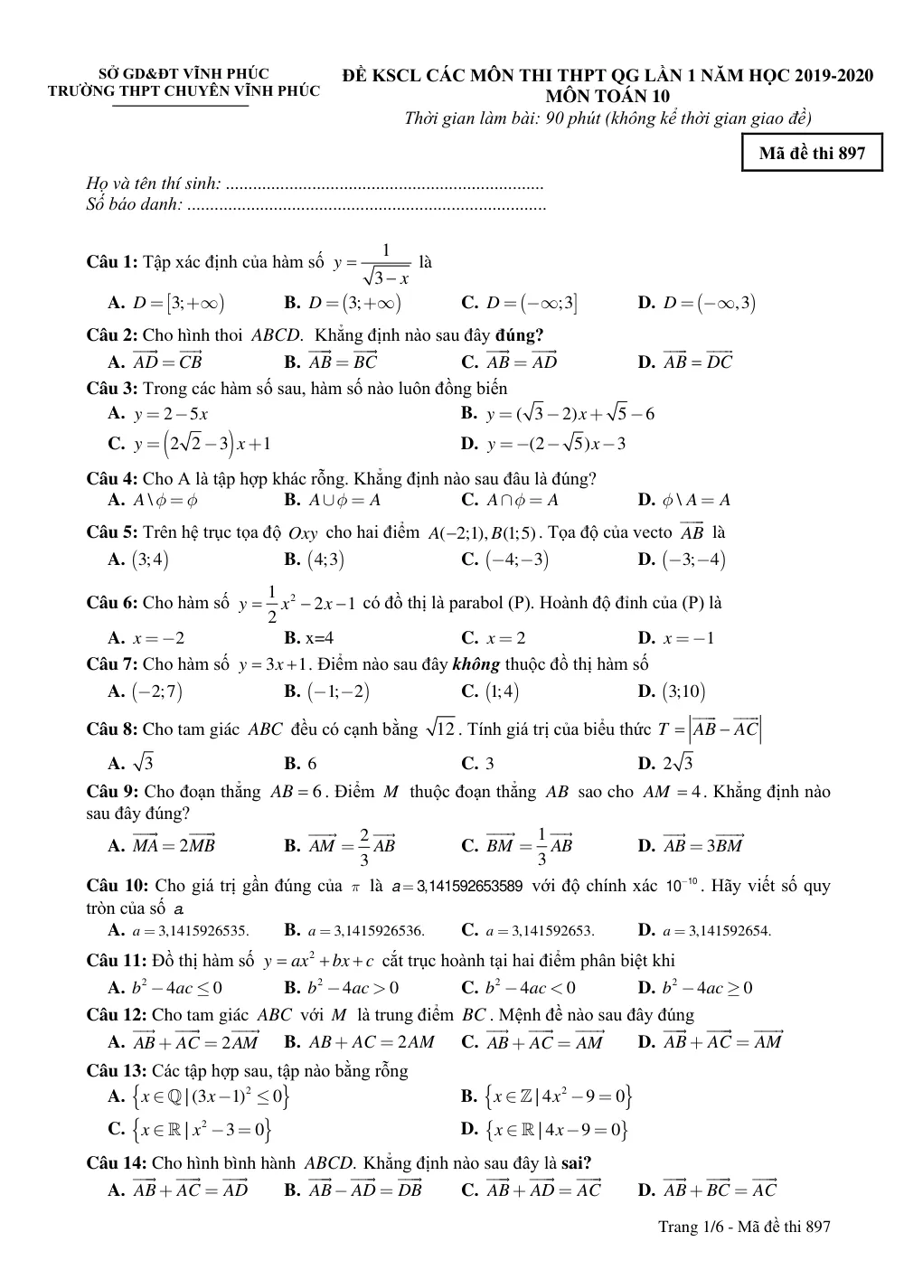 Xem trước trang 1 của "Đề Khảo Sát THPTQG Lần 1 - Toán 10 - Năm 2019-2020 - Trường Chuyên Vĩnh Phúc"