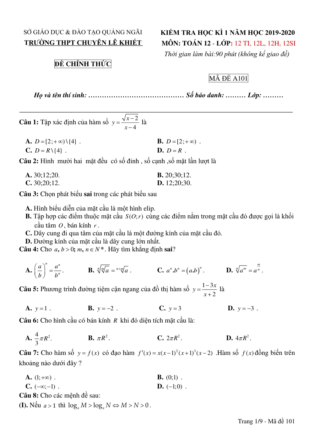 Xem trước trang 1 của "Đề thi HK1 Toán 12 - Năm học 2019-2020 - Trường THPT Chuyên Lê Khiết - Quảng Ngãi"