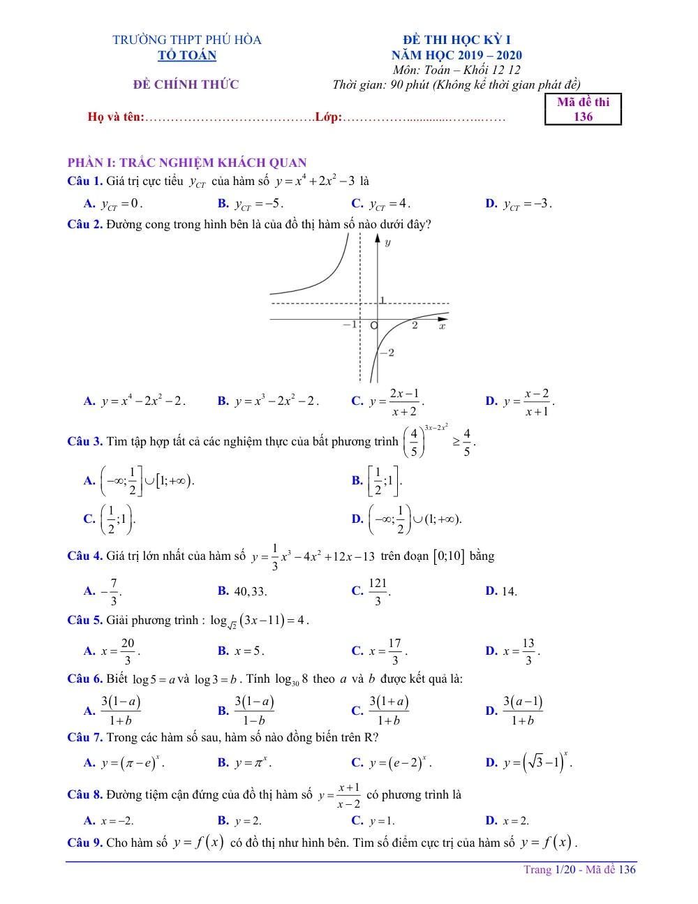 Xem trước trang 1 của "Đề Thi Học Kỳ 1 Toán 12 - Trường THPT Phú Hòa - Năm học 2019-2020"