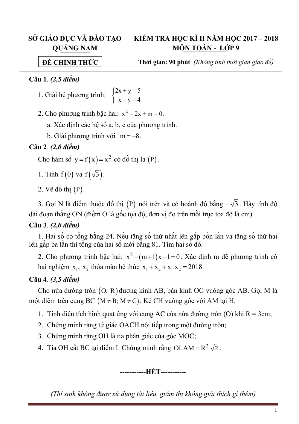 Xem trước trang 1 của "Đề Thi HK2 Toán 9 - Quảng Nam (2017-2018)"