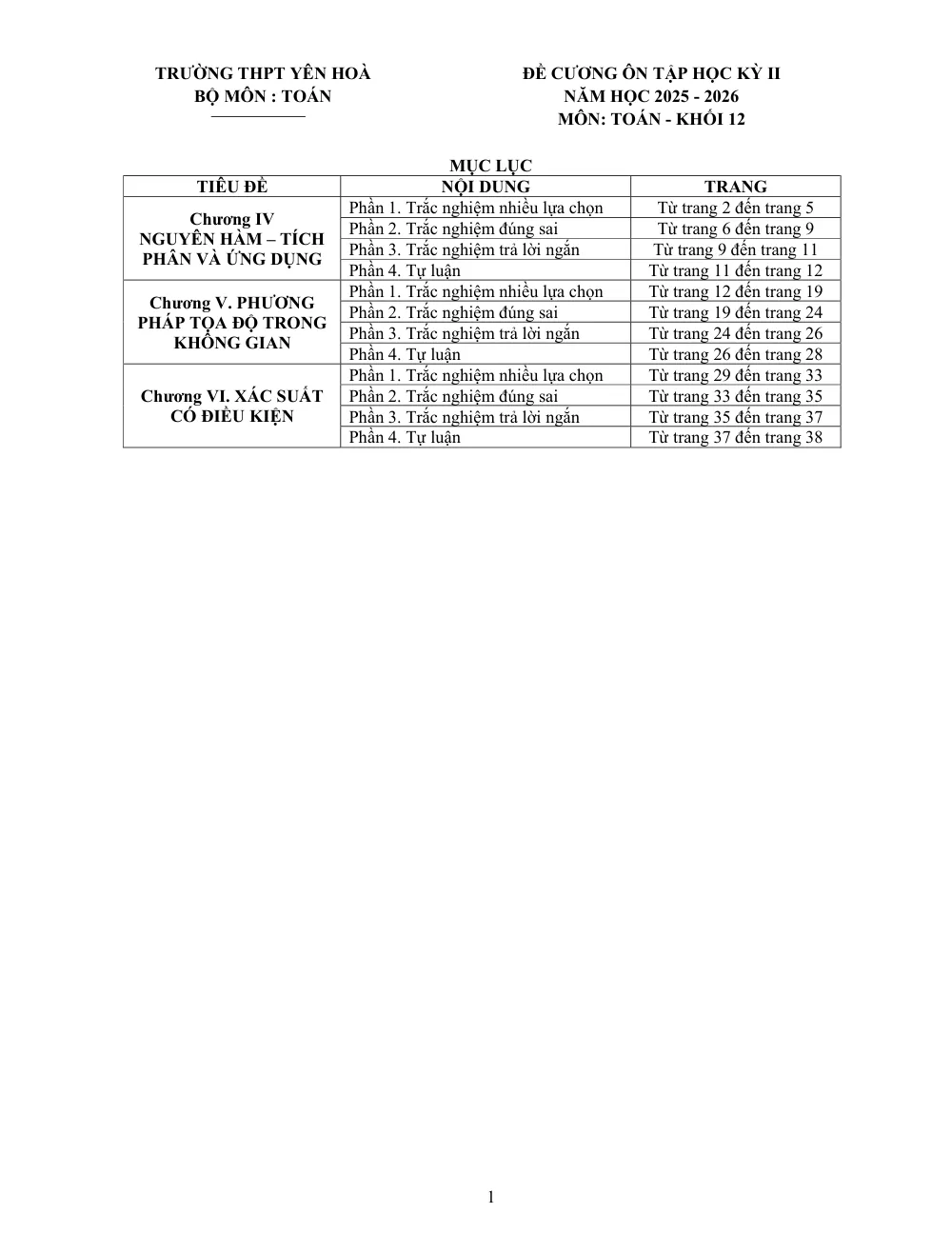 Xem trước trang 1 của "Đề Cương Ôn Tập Học Kỳ II - Toán 12 - Năm học 2025-2026 - Trường THPT Yên Hòa - Hà Nội"