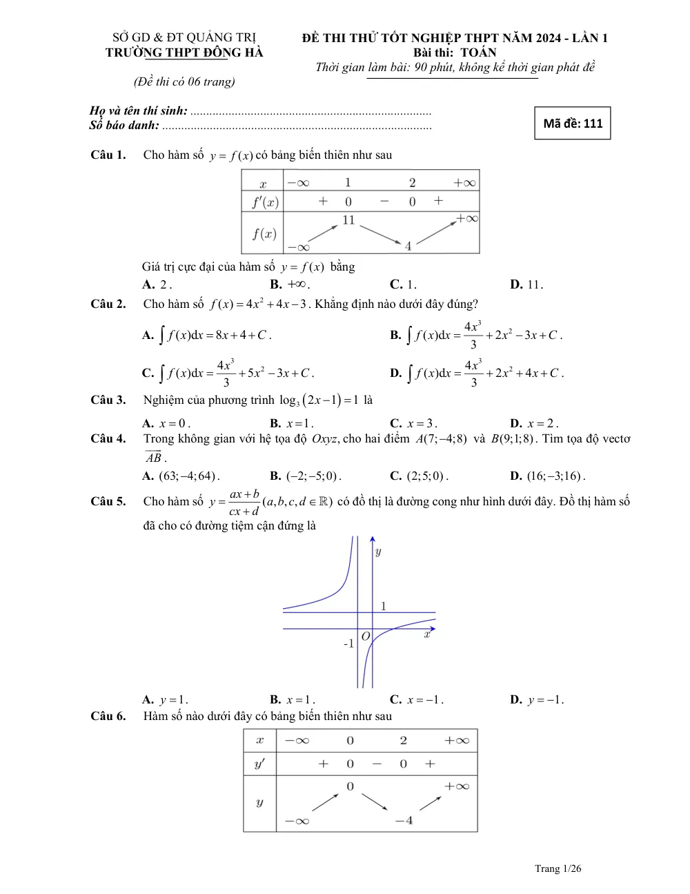 Xem trước trang 1 của "Đề Thi Thử Tốt Nghiệp THPT 2024 Lần 1 - Môn Toán - Trường THPT Đông Hà - Quảng Trị"